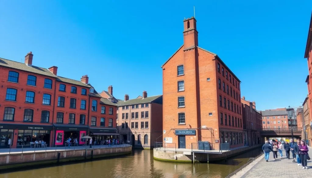Kelham Island district in Sheffield showing converted industrial buildings, cafes and the museum