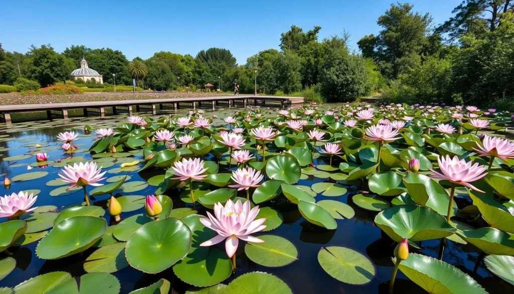 Kenilworth Aquatic Gardens with blooming lotus flowers and water lilies in summer