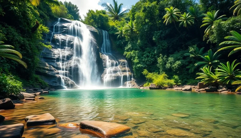 Kepirohi Waterfall in Pohnpei with cascading water over basalt stones surrounded by lush vegetation