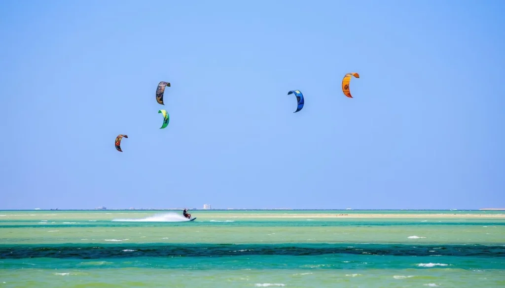 Kitesurfers enjoying the perfect wind conditions at Dakhla Lagoon Kitesurfers enjoying the perfect wind conditions at Dakhla Lagoon