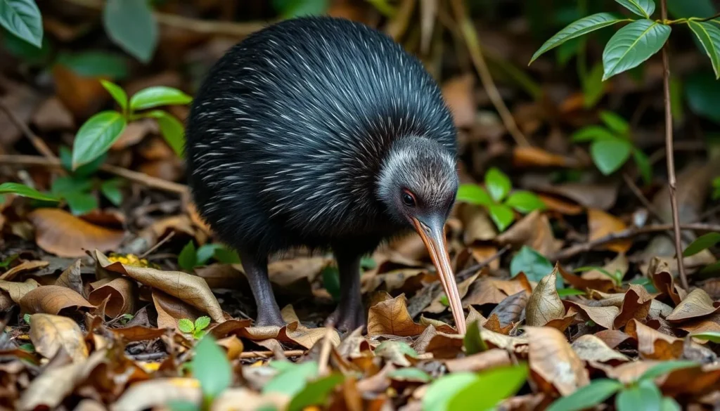 Kiwi bird in native bush habitat, iconic New Zealand wildlife