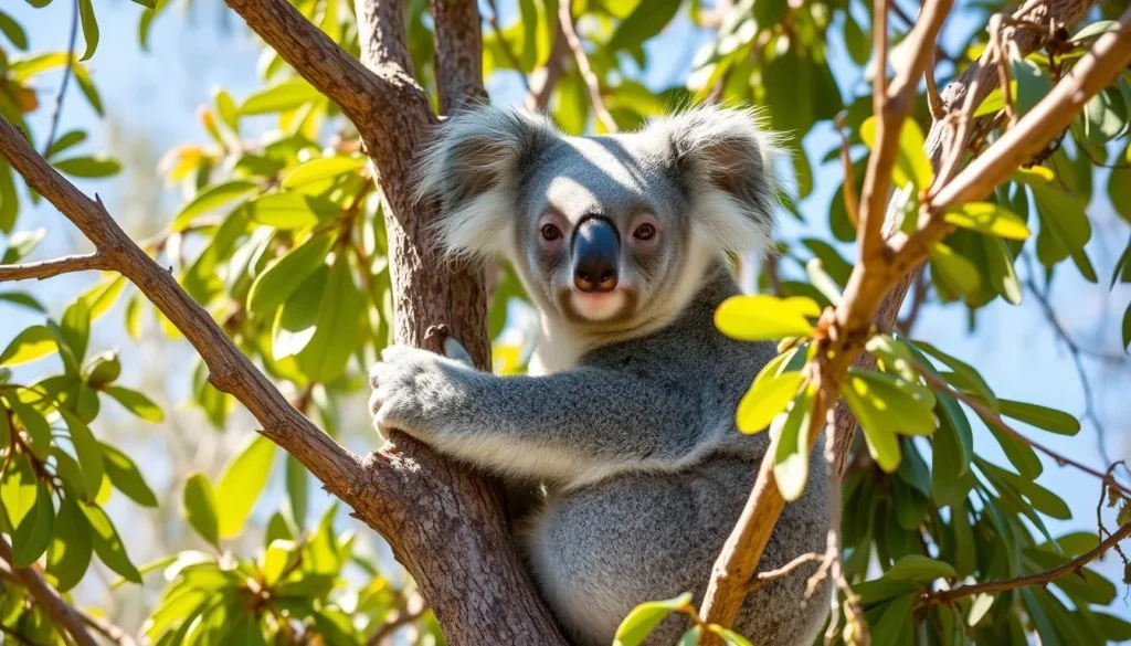 Koala at Blackbutt Reserve sitting in eucalyptus tree