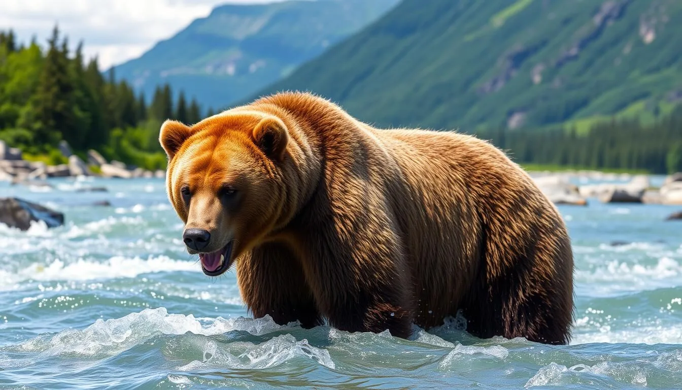 Kodiak brown bear fishing for salmon in a rushing river with mountains in the background, Kodiak, Alaska things to do