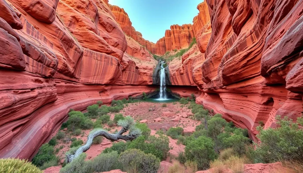 Kolay Mirica Falls in Gawler Ranges National Park showing dramatic rhyolite columns surrounding a dry waterfall