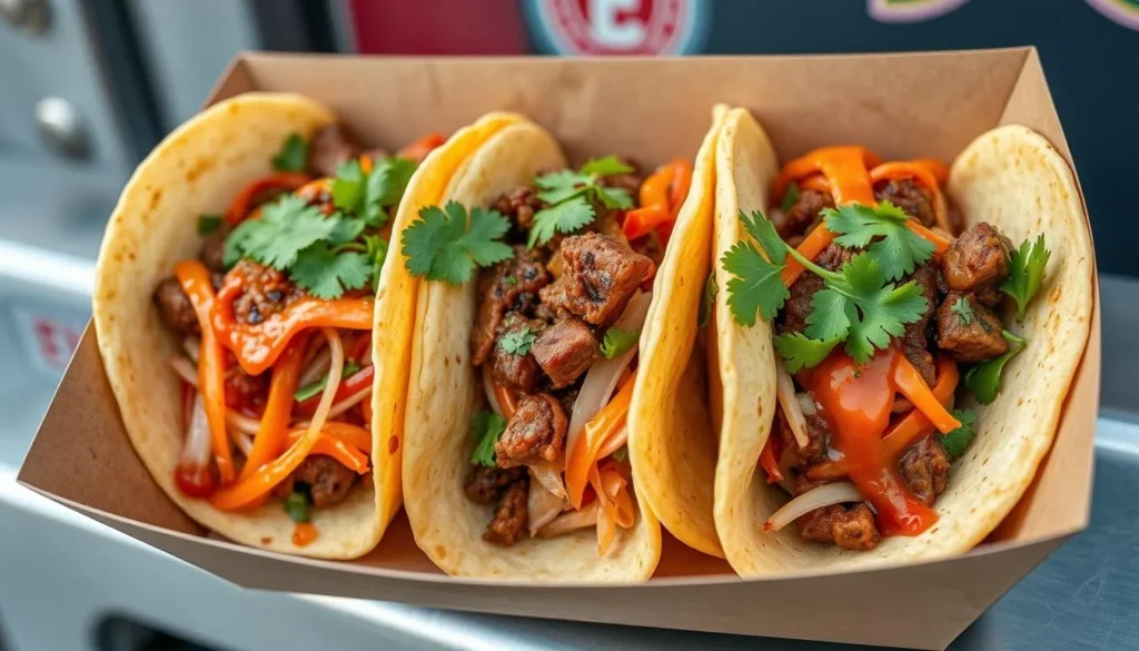 Korean-Mexican fusion tacos with bulgogi beef, kimchi, and spicy sauce from a DC food truck
