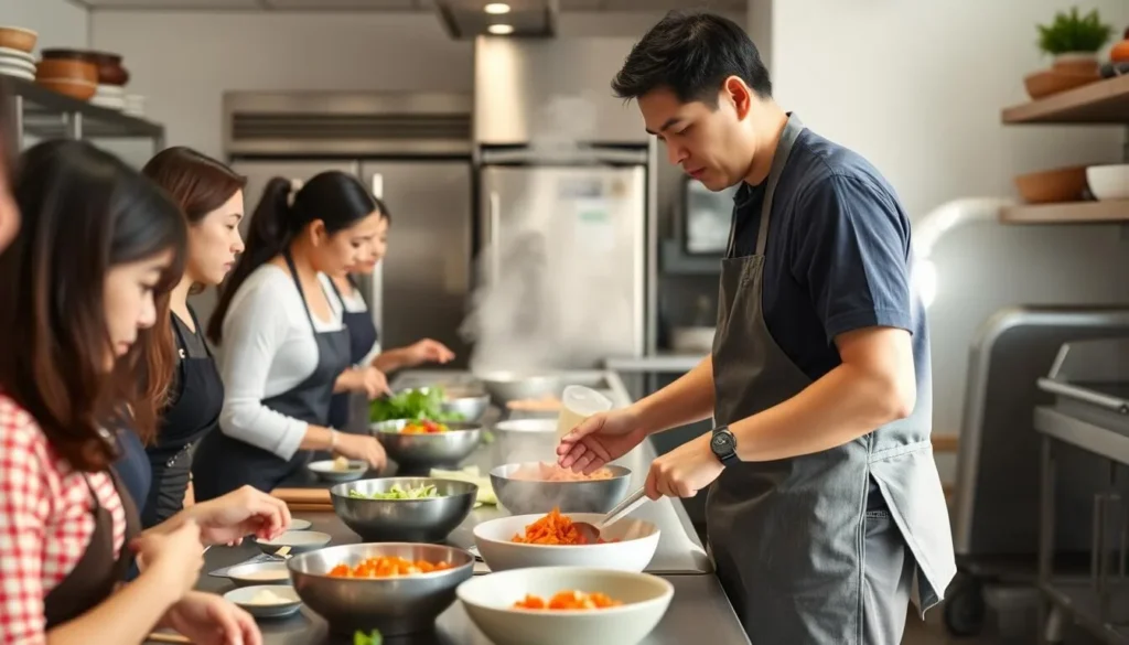 Korean cooking class in Washington DC with participants learning to make kimchi