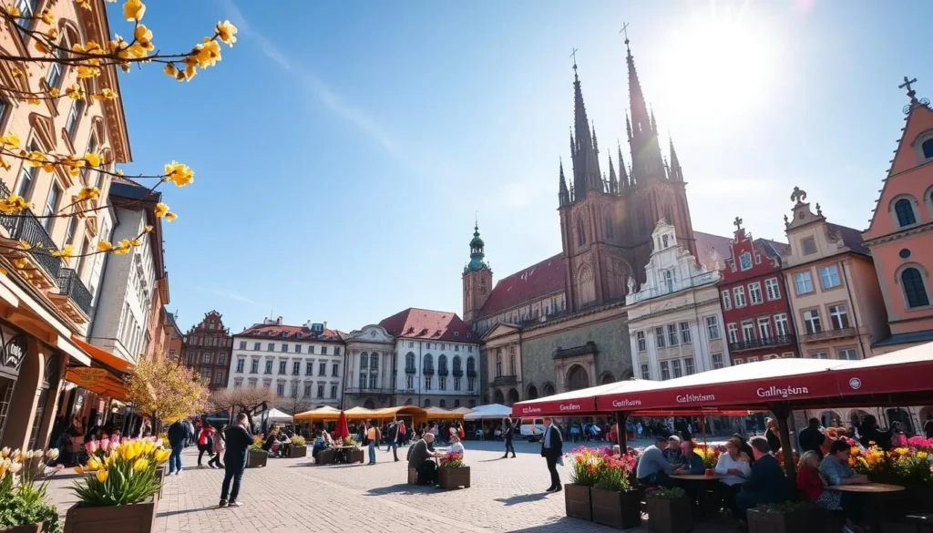 Krakow's Main Market Square in spring with blooming flowers, historic buildings, and outdoor cafes