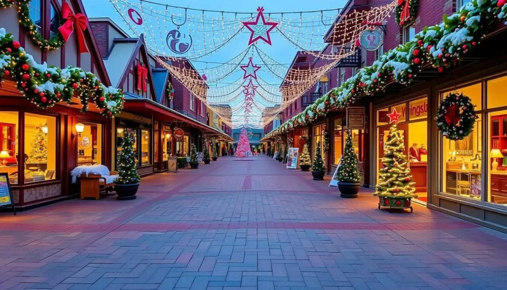 Kringle Place Shopping Area in Santa Claus, Indiana with festive decorations and unique shops