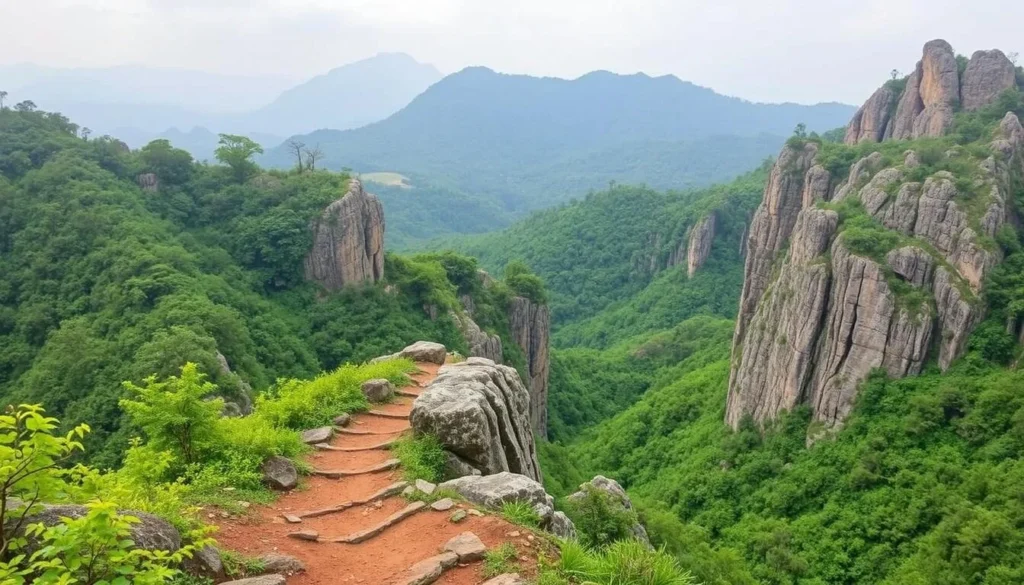 Kuocang Mountain hiking trails with lush forests and rocky ridges