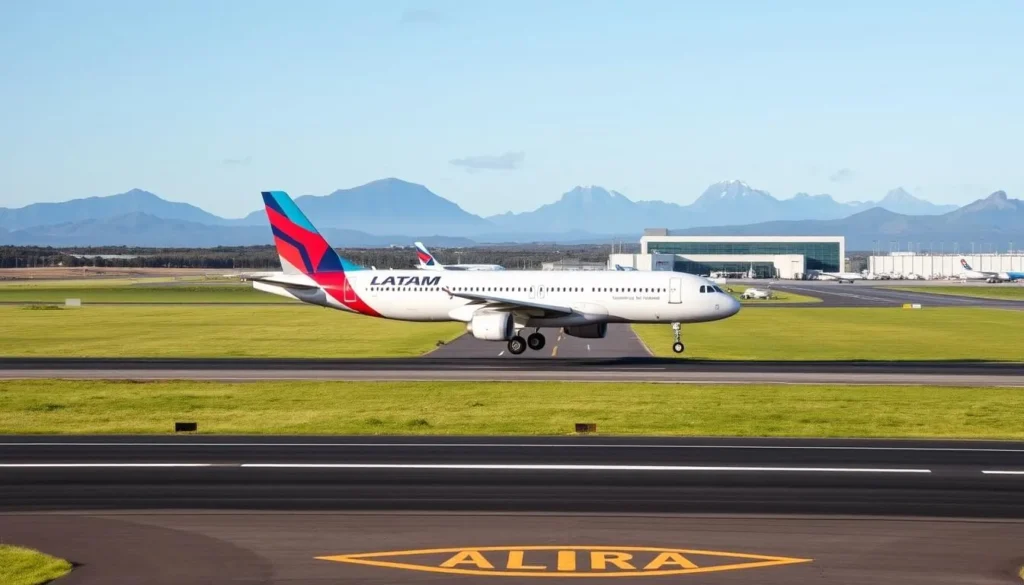 LATAM Airlines aircraft landing at Mount Pleasant Airport in the Falkland Islands LATAM Airlines aircraft landing at Mount Pleasant Airport in the Falkland Islands
