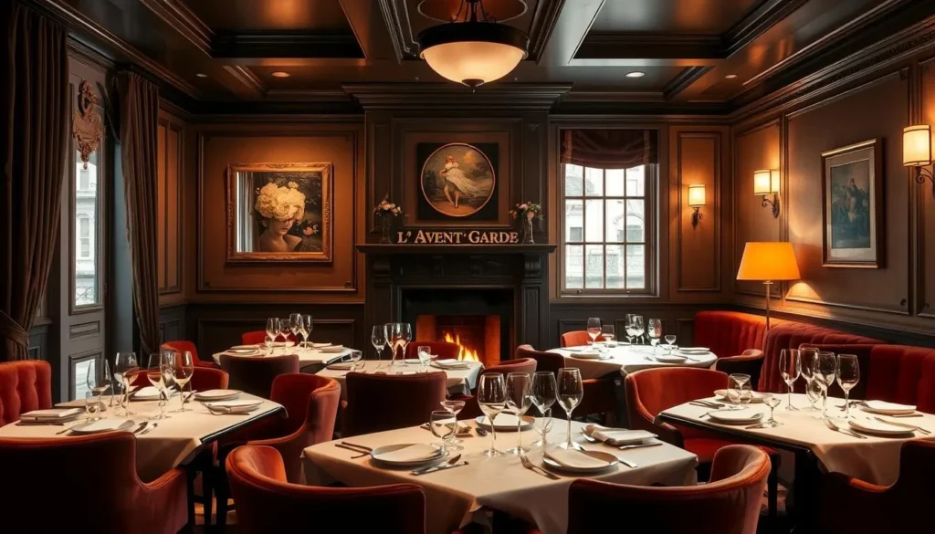 L'Avant-Garde restaurant interior showing elegant dining room with fireplace