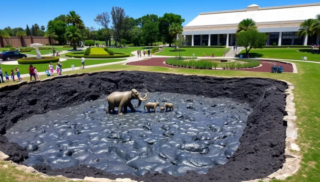 La Brea Tar Pits with life-size prehistoric animal sculptures and bubbling tar pools La Brea Tar Pits with life-size prehistoric animal sculptures and bubbling tar pools