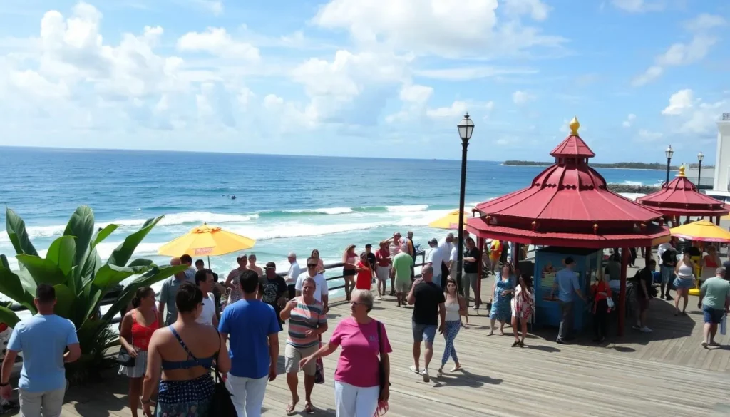La Guancha Boardwalk in Ponce, Puerto Rico, with people enjoying the Caribbean Sea views