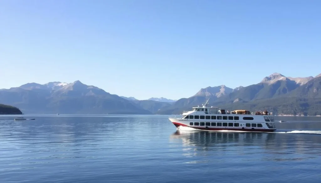 Lake Minnewanka Cruise boat sailing on the lake with a scenic mountain backdrop.