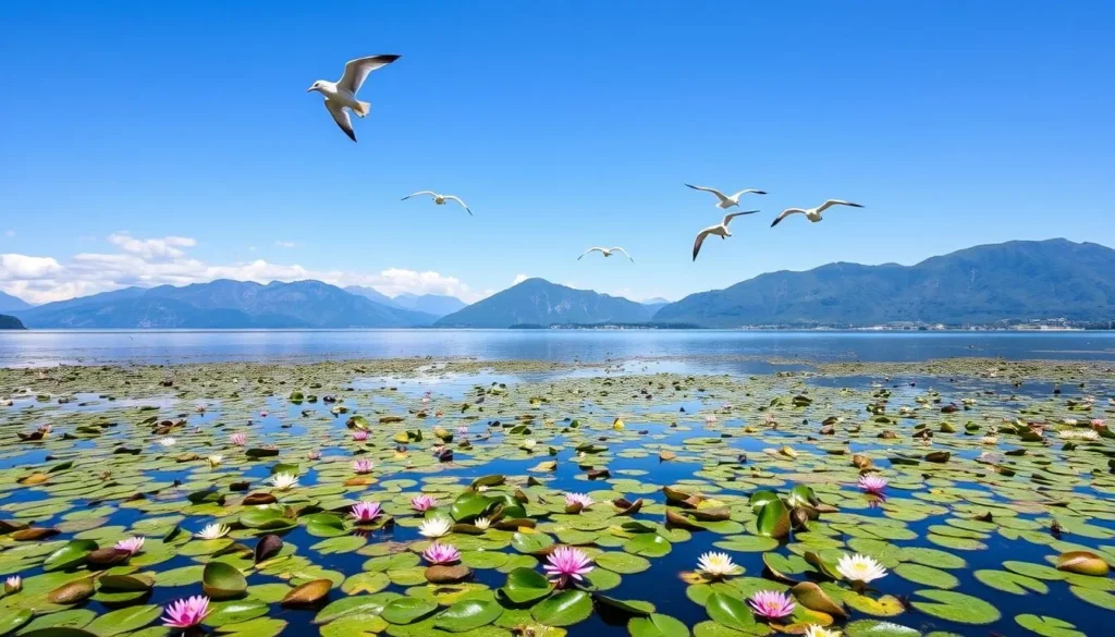 Lake Skadar with its lily pads, birds, and surrounding mountains Lake Skadar with its lily pads, birds, and surrounding mountains
