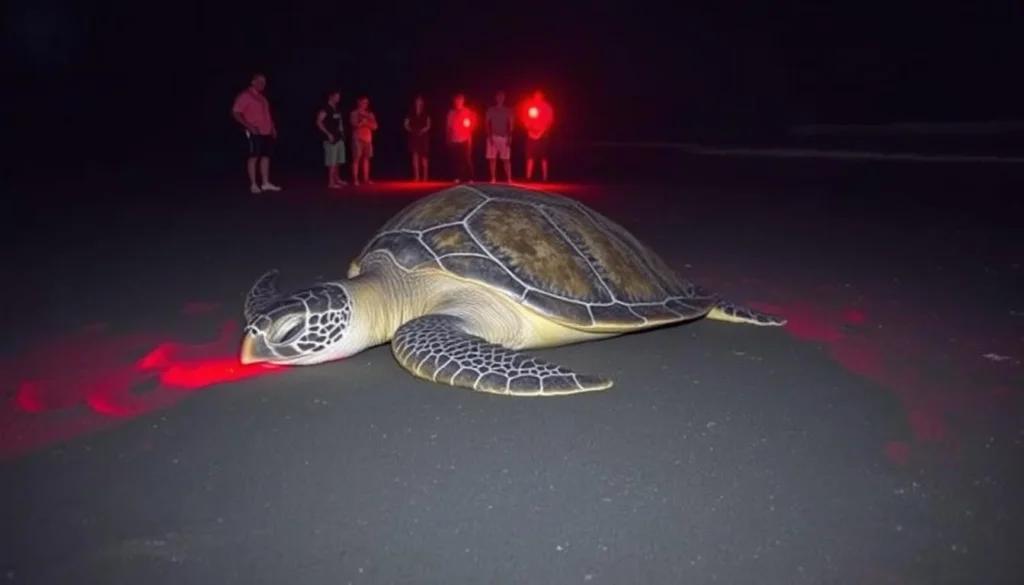 Leatherback sea turtle laying eggs on Hattes Beach at night with conservationists observing Leatherback sea turtle laying eggs on Hattes Beach at night with conservationists observing