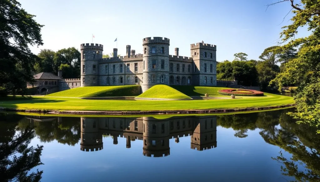 Leeds Castle reflected in its moat surrounded by beautiful gardens and greenery Leeds Castle reflected in its moat surrounded by beautiful gardens and greenery