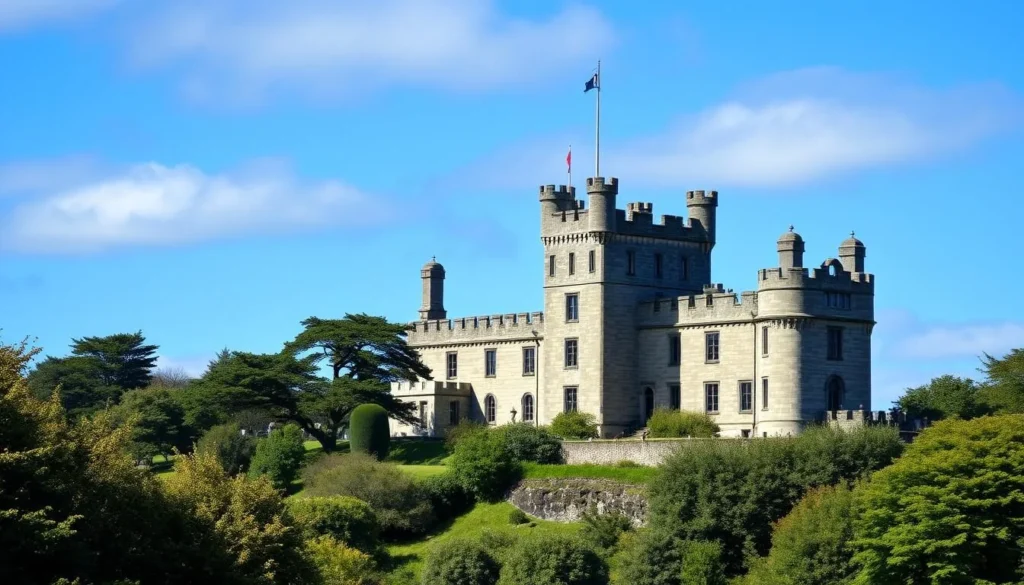 Lews Castle in Stornoway with its Gothic architecture visible across the harbor