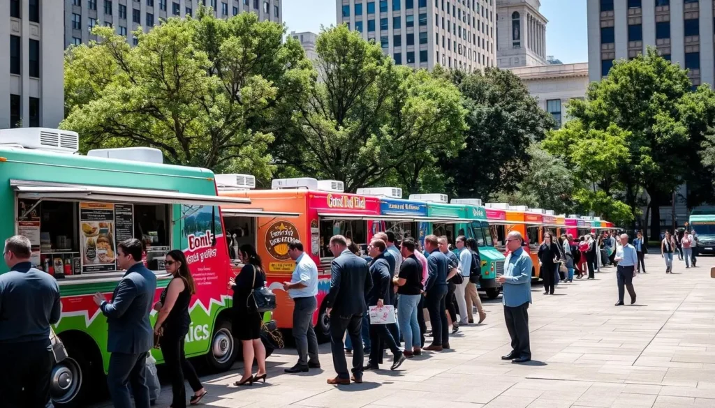 Line of colorful food trucks along Farragut Square in downtown Washington DC with office workers queuing for lunch