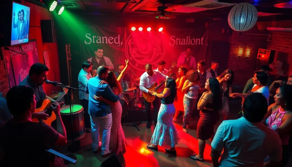 Live music performance at a salsa club in Barranquilla with musicians and dancers Live music performance at a salsa club in Barranquilla with musicians and dancers