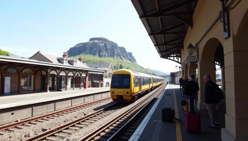 Llandudno railway station with a train arriving and the Great Orme visible in the background Llandudno railway station with a train arriving and the Great Orme visible in the background