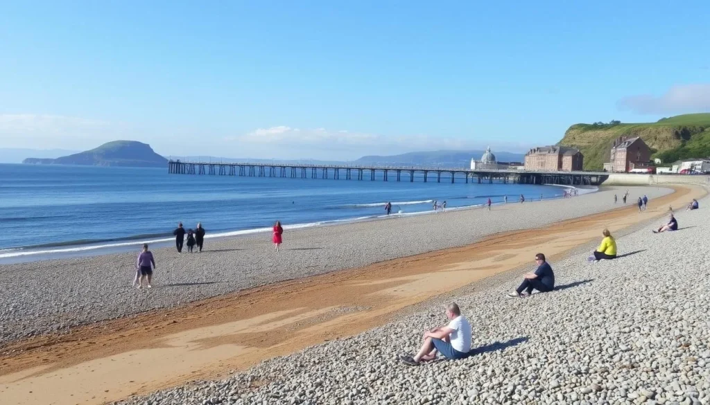 Llandudno's North Shore beach on a sunny spring day with moderate crowds enjoying the seaside Llandudno's North Shore beach on a sunny spring day with moderate crowds enjoying the seaside