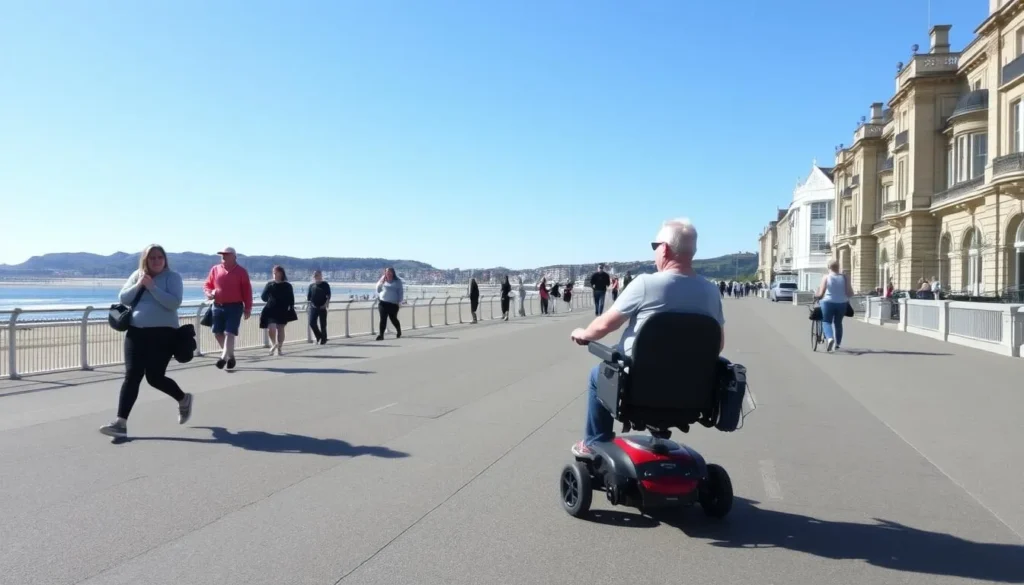 Llandudno's accessible flat promenade with people strolling along the seafront Llandudno's accessible flat promenade with people strolling along the seafront