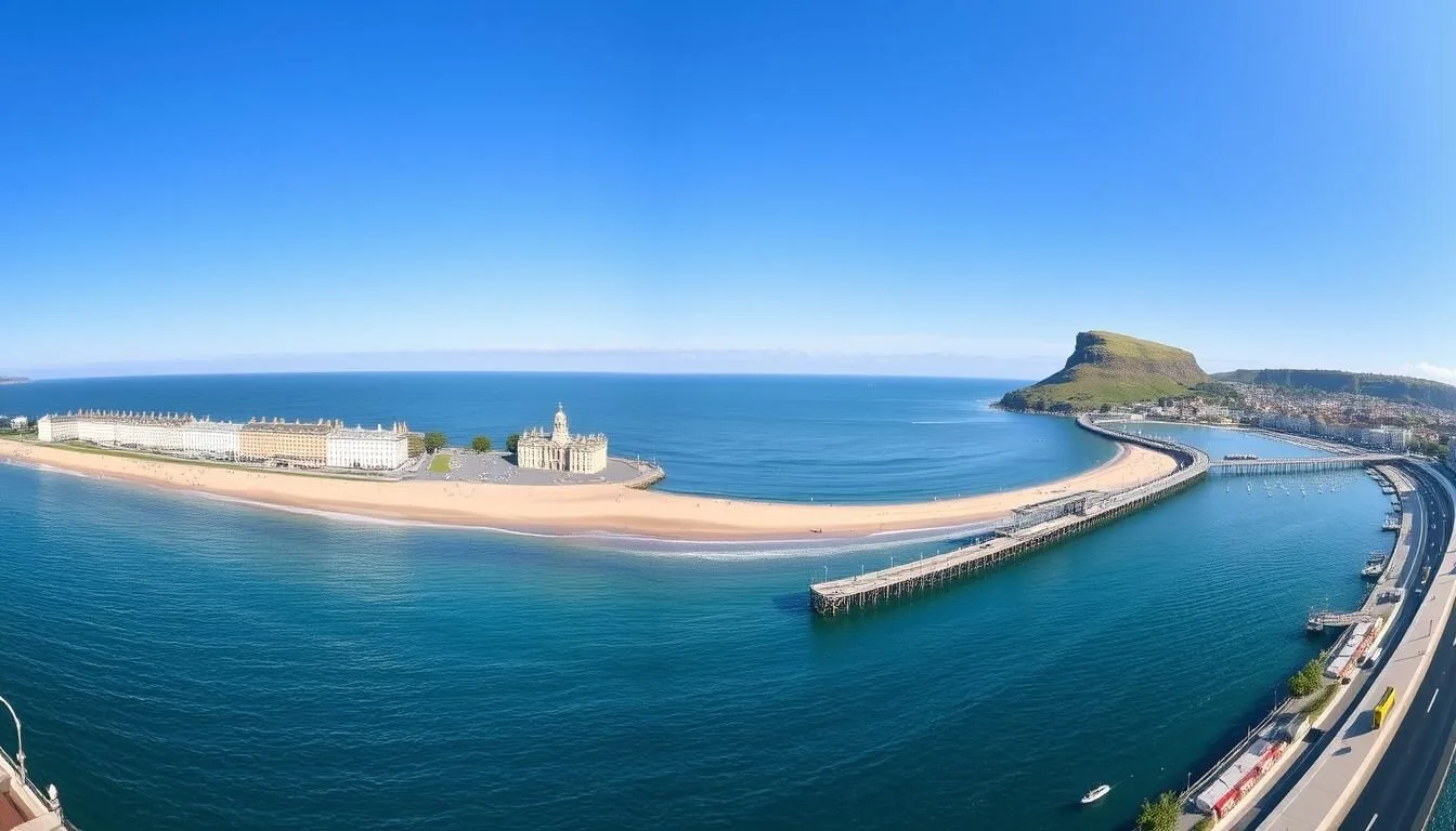 Llandudno's beautiful Victorian seafront promenade with the Great Orme headland in the background on a sunny day