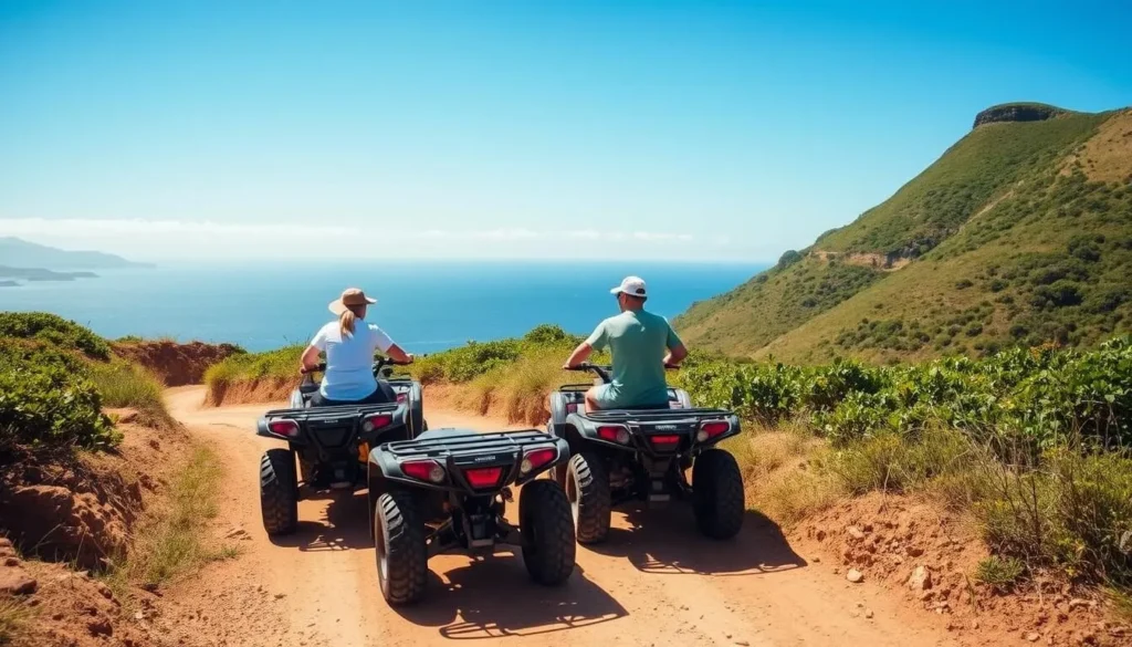 Local guide leading tourists on quad bikes along Pitcairn Island's scenic trails