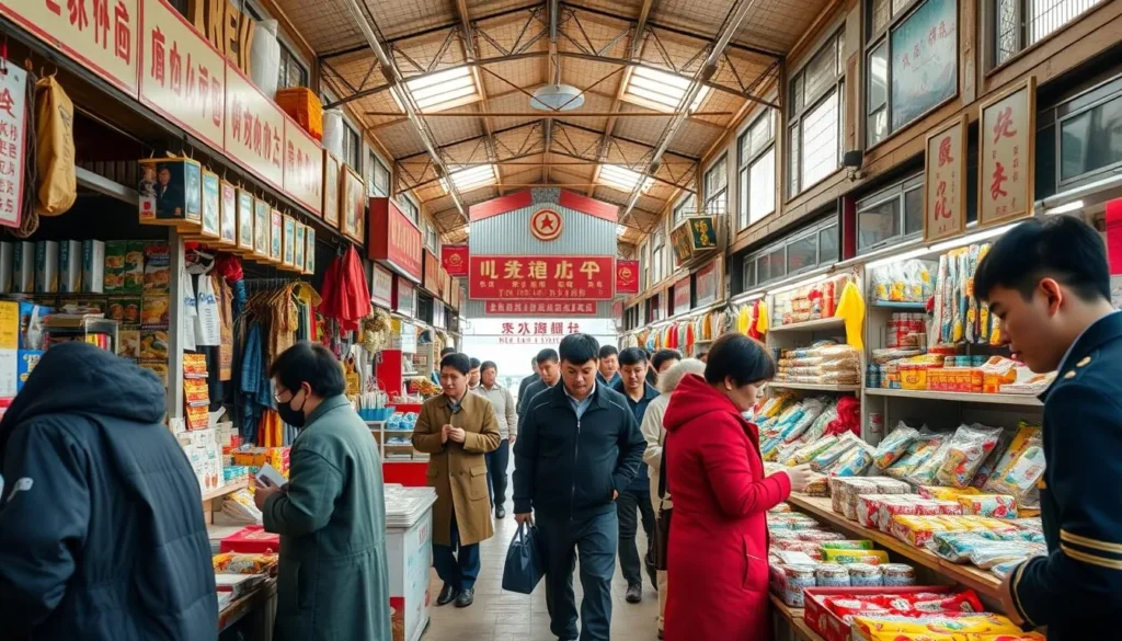 Local market in North Korea with vendors and shoppers, authentic North Korea things to do
