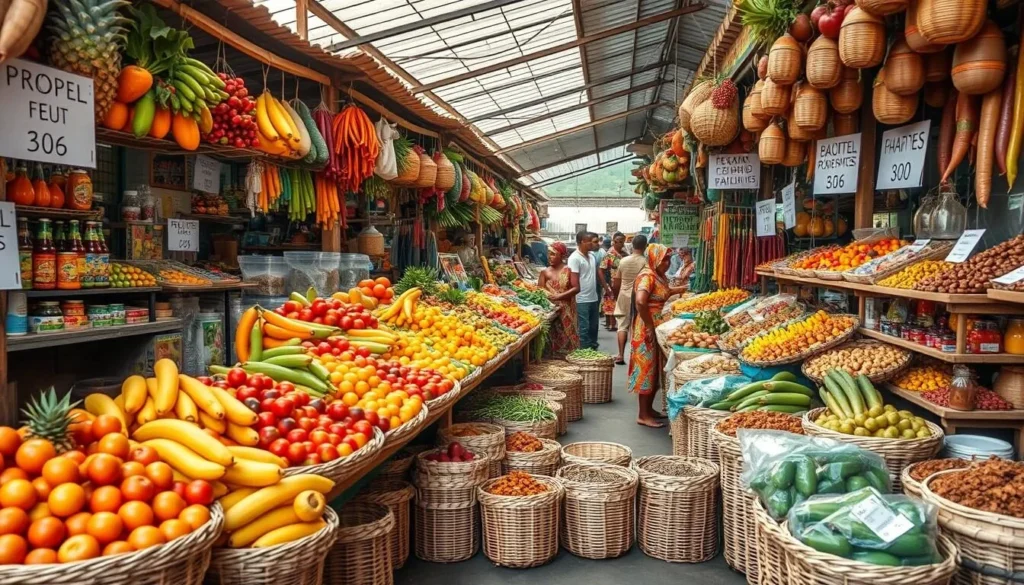Local market in Sao Tome with colorful tropical fruits and vegetables - experiencing local culture is among the best things to do in Sao Tome and Principe