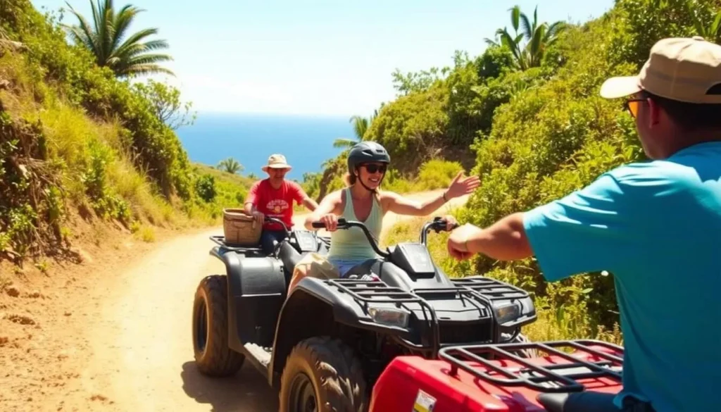Local resident transporting visitors on a quad bike along Pitcairn Island's rugged roads