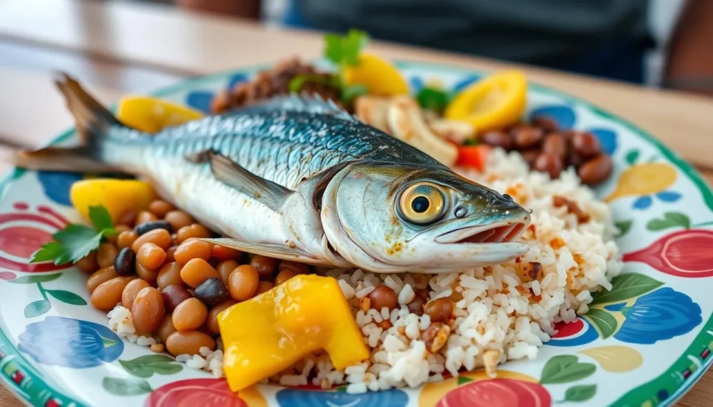 Local seafood dish from Cayman Brac featuring fresh catch and traditional sides Local seafood dish from Cayman Brac featuring fresh catch and traditional sides