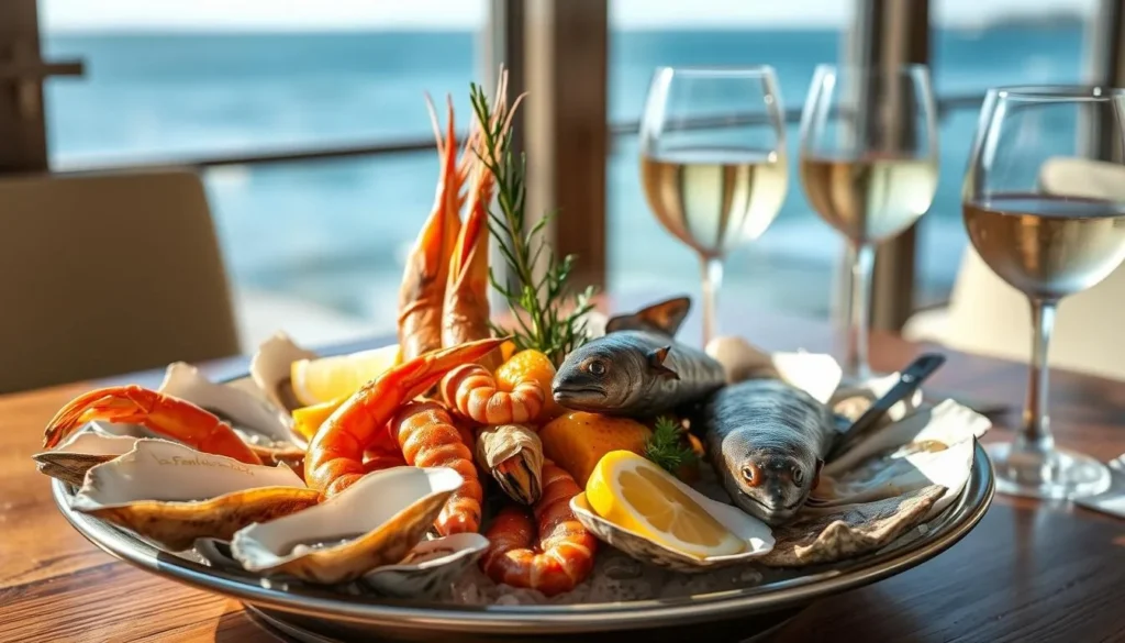Local seafood platter at a Port Campbell restaurant with ocean view