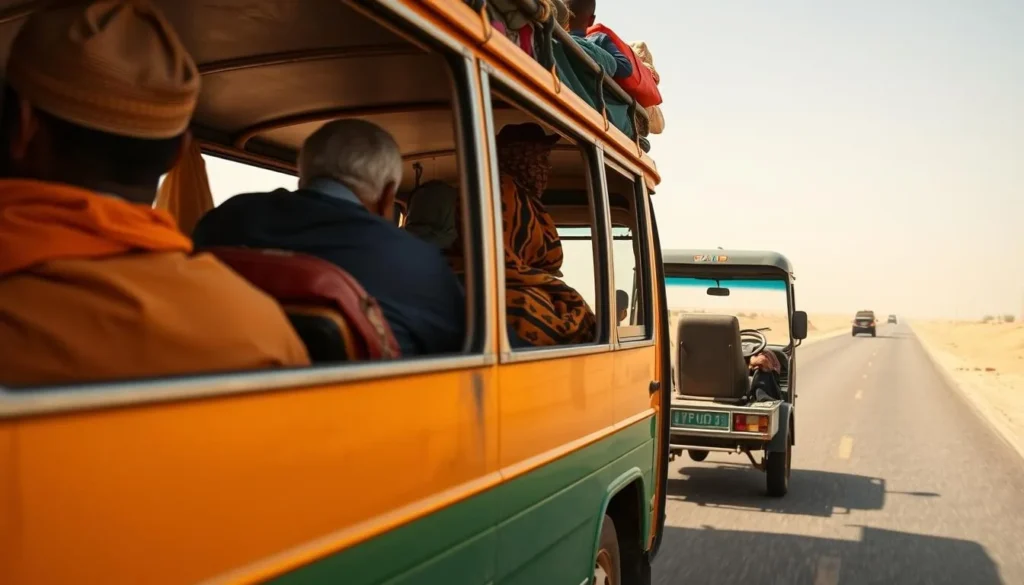 Local shared taxi transportation in Mauritania with passengers and luggage Local shared taxi transportation in Mauritania with passengers and luggage