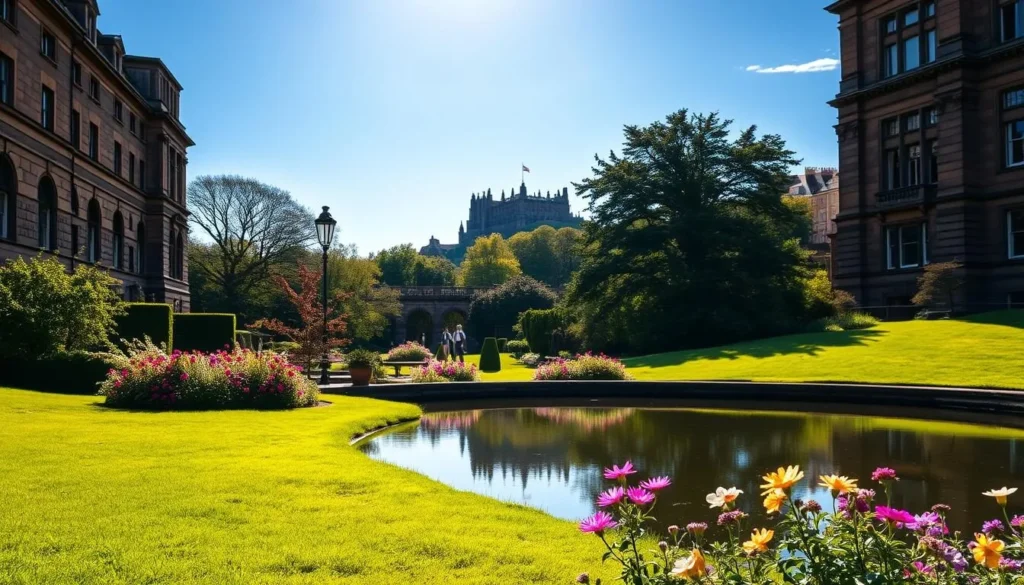 Lush green lawns of Princes Street Gardens in the heart of Edinburgh, bathed in warm afternoon sunlight. Towering Georgian architecture frames the tranquil scene, its elegant facades reflected in the still waters of the pond. Clusters of vibrant flowers dot the landscape, their petals swaying gently in the soft breeze. In the distance, the iconic silhouette of Edinburgh Castle rises majestically against a clear, azure sky. A serene oasis of nature and history, offering a peaceful respite from the bustling city streets.