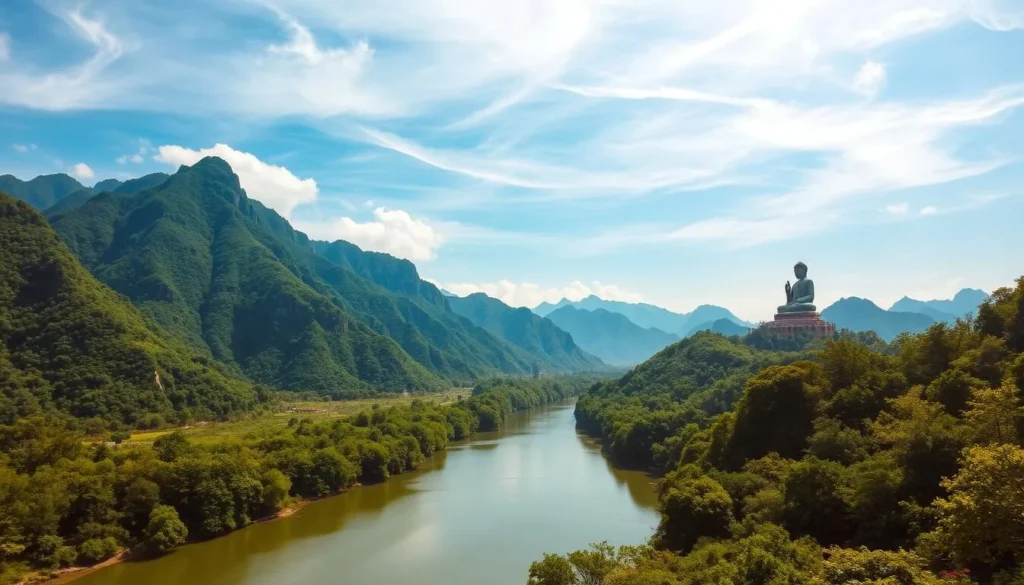 Lush green mountains rising majestically, their peaks kissed by wispy clouds. A tranquil river winds its way through the valley, its crystal-clear waters reflecting the azure sky. Verdant forests line the riverbanks, their canopy providing a soothing respite from the warm sun. In the distance, the iconic Leshan Giant Buddha statue stands sentinel, its serene presence commanding awe. Warm, natural lighting bathes the entire scene, creating a sense of peaceful harmony. Wide-angle, high-resolution lens captures the grandeur and beauty of Leshan's natural landscapes.