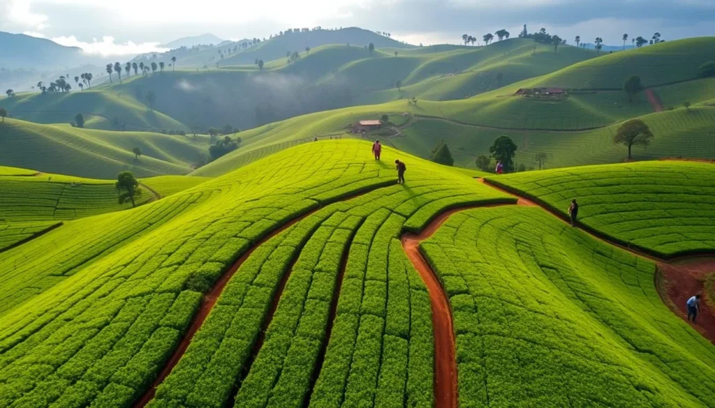 Lush green tea plantations in Thyolo with workers harvesting tea leaves