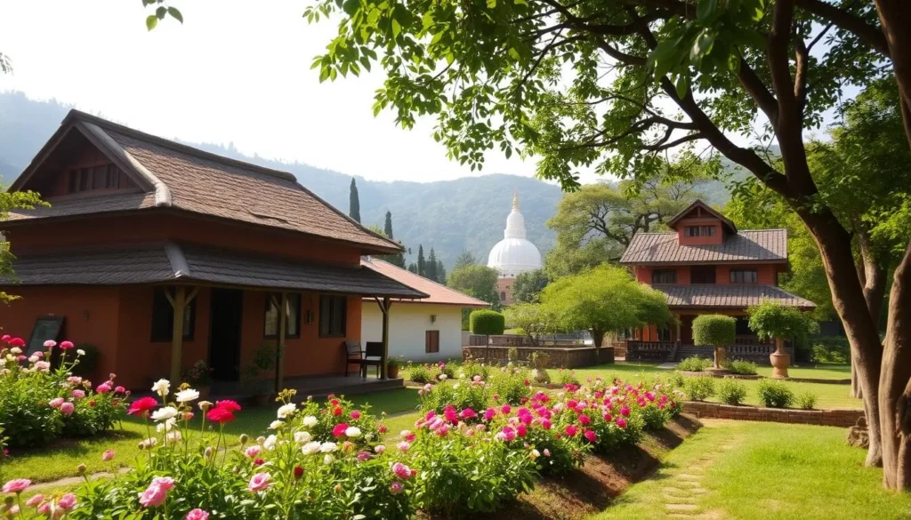Lush greenery and serene hills frame a quaint Lumbini village, where charming accommodations await weary travelers. A rustic, family-run guesthouse stands amidst blooming flower beds, its thatched roof and warm, ochre walls radiating an inviting ambiance. Nearby, a serene Buddhist monastery offers simple yet comfortable lodgings, surrounded by tranquil gardens and the soothing sound of chanting. Sunlight filters through the canopy of ancient bodhi trees, casting a soft, natural glow across the scene. In the distance, the iconic white dome of the Mayadevi Temple rises majestically, a testament to the spiritual significance of this sacred land.