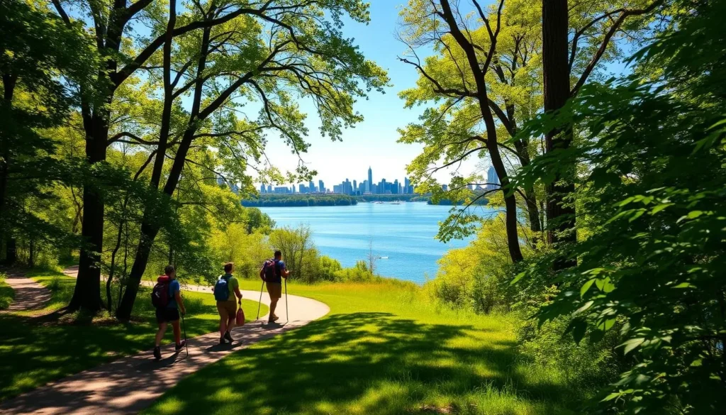 Lush greenery frames a picturesque outdoor scene in Fort Wayne, Indiana. In the foreground, hikers traverse a winding path, their shadows dancing across the sun-dappled ground. Towering trees line the trail, their branches creating a natural canopy that filters the warm sunlight. In the middle ground, a pristine lake reflects the azure sky, its still waters inviting kayakers and stand-up paddleboarders to explore its tranquil surface. In the distance, the city's skyline emerges, a testament to the vibrant urban landscape that coexists harmoniously with the great outdoors. The overall mood is one of adventure, serenity, and the perfect balance between the natural and the built environment.