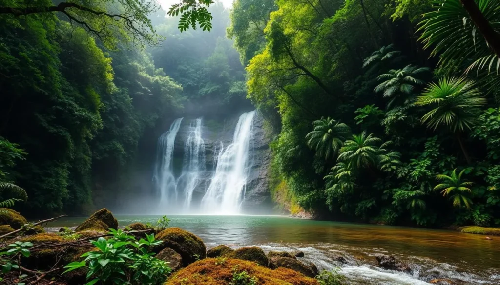 Lush rainforest and waterfall in Central Suriname Nature Reserve