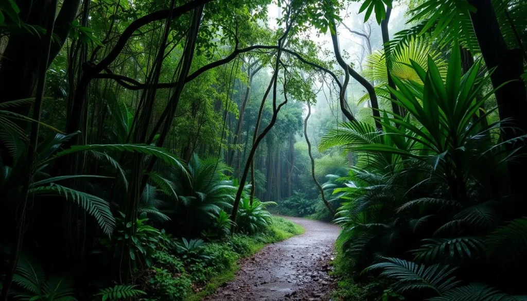 Lush rainforest trail in Fitzroy Island National Park, Queensland during wet season Lush rainforest trail in Fitzroy Island National Park, Queensland during wet season