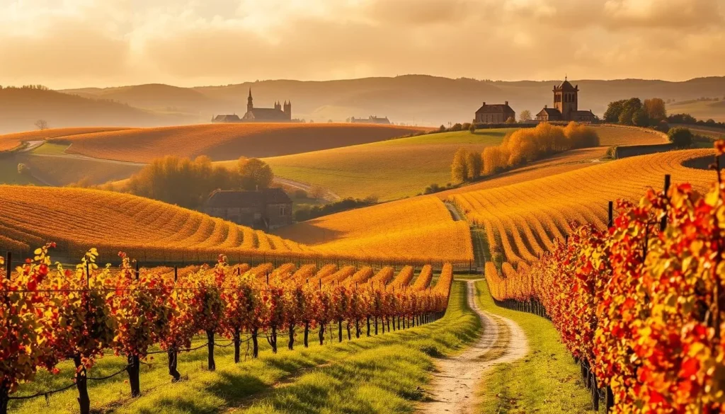 Lush, rolling vineyards of Saint-Émilion in the golden light of autumn. Rows of vibrant red, orange, and yellow vines stretch across the gently sloping landscape, dotted with historic stone buildings and winding paths. In the foreground, a path leads through the vines, inviting the viewer to explore the tranquil scenery. Soft, diffused lighting filters through wispy clouds, casting a warm, nostalgic glow over the scene. The background features the iconic silhouettes of the village's ancient churches and towers, standing as timeless sentinels over the picturesque winemaking region. An idyllic, serene atmosphere evokes the best time to visit this enchanting French destination.