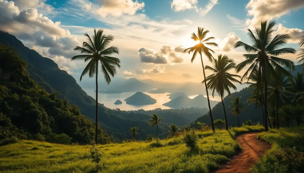 Lush tropical foliage cascades down rugged mountainsides, framing a tranquil lake surrounded by mystical volcanoes in the distance. Warm golden sunlight filters through wispy clouds, casting a serene glow over the idyllic Guatemalan landscape. In the foreground, a winding dirt path meanders through verdant meadows dotted with colorful wildflowers. Tall palm trees sway gently in the soft breeze, creating a sense of peaceful seclusion. Capture the unique charm and natural beauty of this captivating Central American destination.