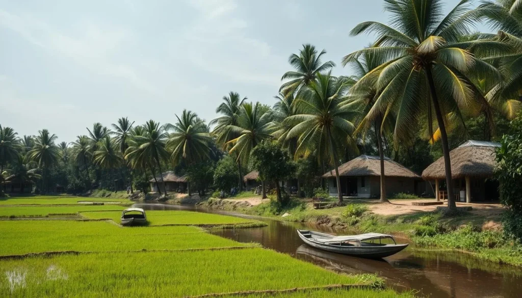 Lush tropical landscape of Casamance with palm trees and traditional village Lush tropical landscape of Casamance with palm trees and traditional village