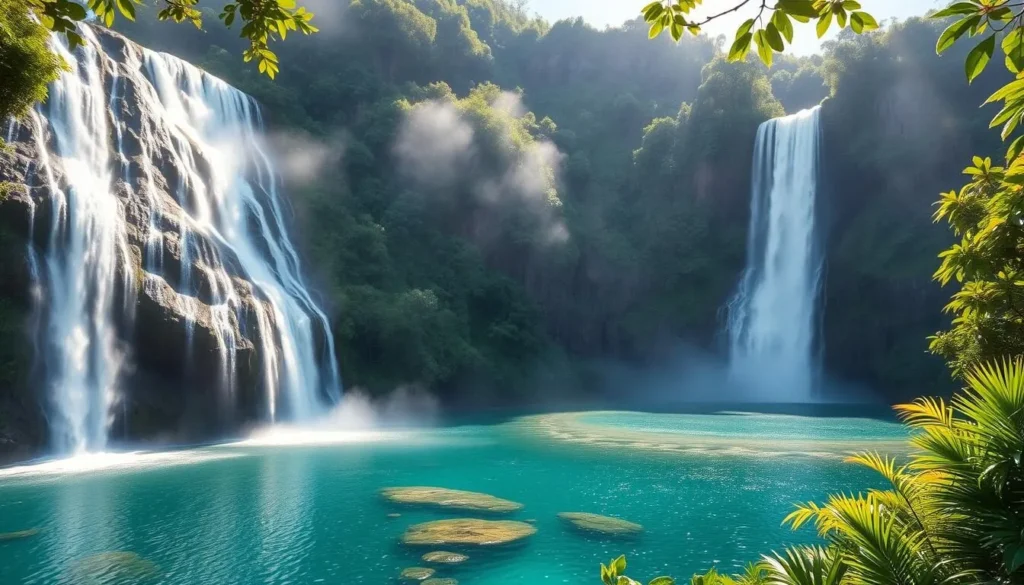 Lush tropical landscape of Tahiti's majestic waterfalls cascading down verdant cliffs, shrouded in misty hues under a bright, warm sun. Crystalline pools of tranquil water reflect the surrounding verdure, as vibrant foliage frames the scene. Capture the grandeur and serene beauty of this natural wonder, showcasing the stunning geological formations and the power of the flowing cascades. Render this idyllic setting with a sense of depth, balance, and photorealistic detail to transport the viewer to the heart of Tahiti's mesmerizing natural splendor.