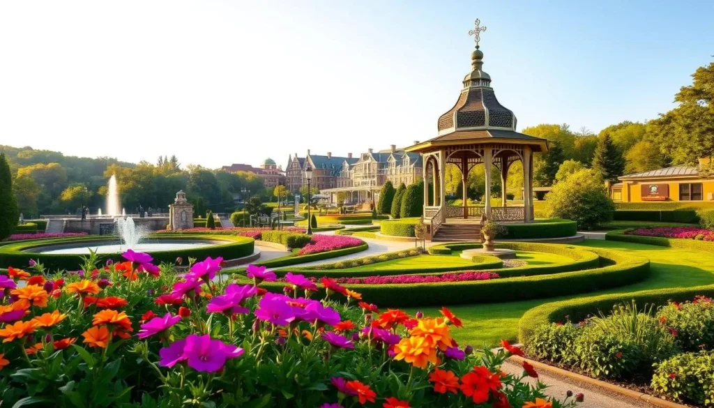 Lush, verdant gardens of French Lick, Indiana, bathed in warm, golden sunlight. A serene landscape of meticulously manicured flowerbeds, tranquil fountains, and winding pathways. In the foreground, vibrant blooms of vibrant hues sway gently in a soft breeze. The middle ground features a picturesque gazebo, its ornate architecture complementing the natural surroundings. In the distance, the iconic mineral springs and historic resort buildings rise up, creating a harmonious blend of nature and architecture. The scene exudes a sense of peace and relaxation, inviting visitors to immerse themselves in the natural beauty of this enchanting destination.