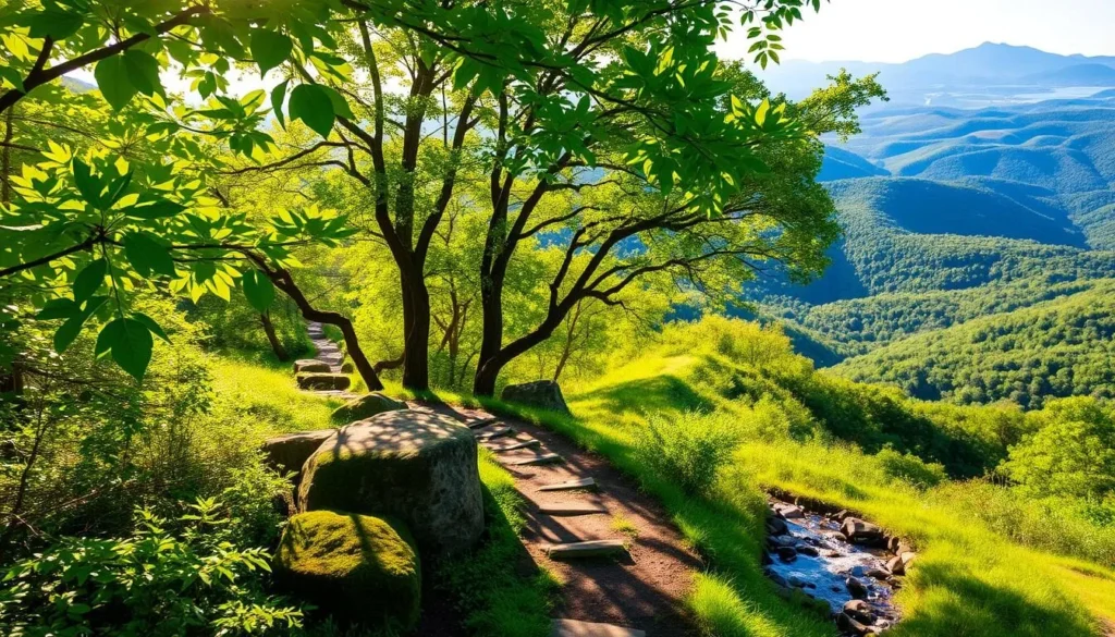 Lush, verdant hiking trails wind through the rolling hills surrounding Greenville, Kentucky. Sunlight filters through the canopy of vibrant green leaves, casting a warm, natural glow across the meandering path. In the foreground, a well-marked trail leads hikers past mossy boulders and babbling brooks, inviting exploration of the breathtaking outdoor landscapes. The middle ground reveals a panoramic vista of distant ridges and dense forests, while the background is framed by the silhouettes of towering, majestic mountains. This idyllic scene captures the essence of the thrilling outdoor recreation opportunities that abound in the Greenville area.