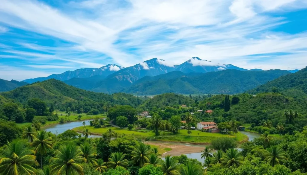 Lush, verdant landscapes of El Salvador unfold before a vibrant azure sky. In the foreground, a winding river meanders through fertile valleys, its banks lined with swaying palm trees. In the middle ground, rugged, mist-shrouded mountains rise majestically, their peaks kissed by the warm, golden light of the sun. Tucked amidst the hills, quaint villages with terracotta-tiled roofs and whitewashed walls come into view, hinting at the rich cultural heritage of this hidden gem. The scene exudes a sense of tranquility and natural wonder, inviting the viewer to explore and discover the hidden treasures of El Salvador.