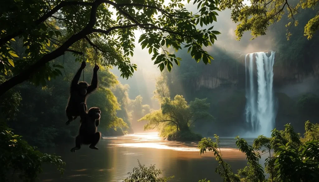 Lush, verdant rainforest canopy casting dappled light upon a serene, meandering river below. In the foreground, a family of chimpanzees swinging gracefully from branch to branch, their playful movements captured in a crisp, cinematic frame. In the distance, majestic waterfalls cascade over towering, moss-covered cliffs, the mist creating a dreamlike, ethereal atmosphere. Warm, golden sunlight filters through wispy clouds, illuminating the rich, vibrant hues of the diverse flora. This tranquil, unspoiled scene perfectly encapsulates the natural splendor and untamed essence of Gabon.